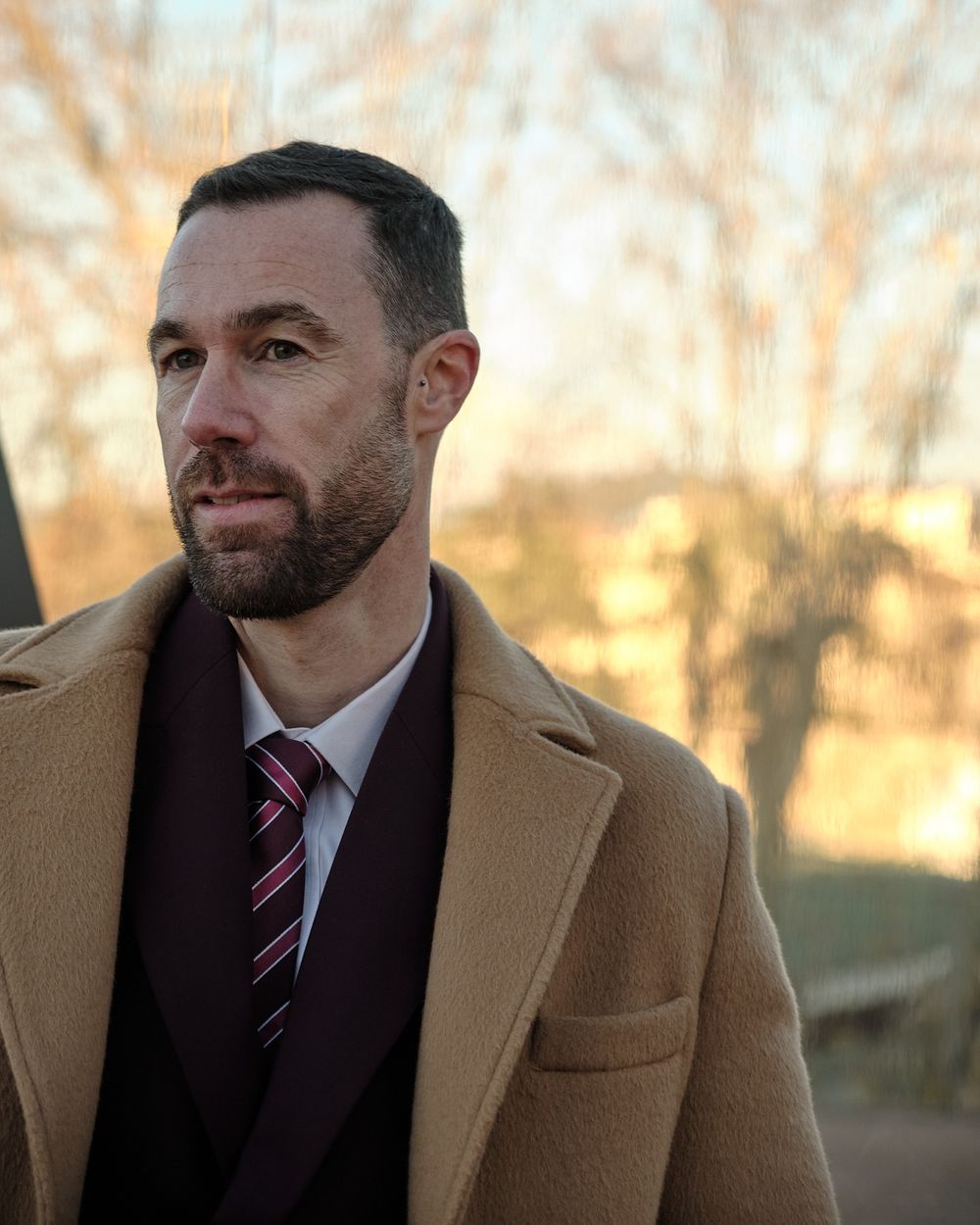 Camel Overcoat with Burgundy Double-Breasted Suit