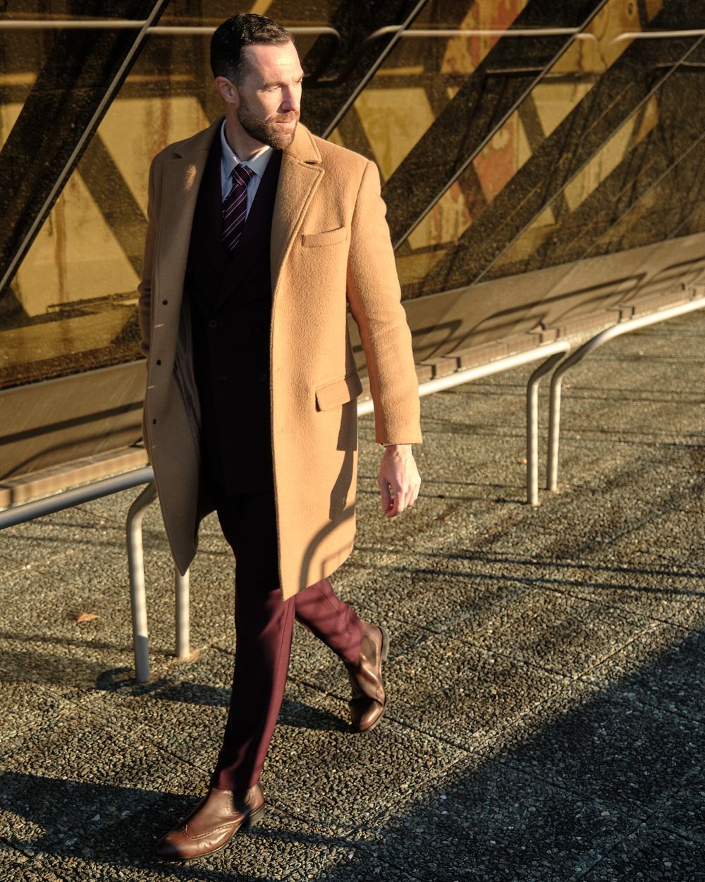 Camel Overcoat with Burgundy Double-Breasted Suit