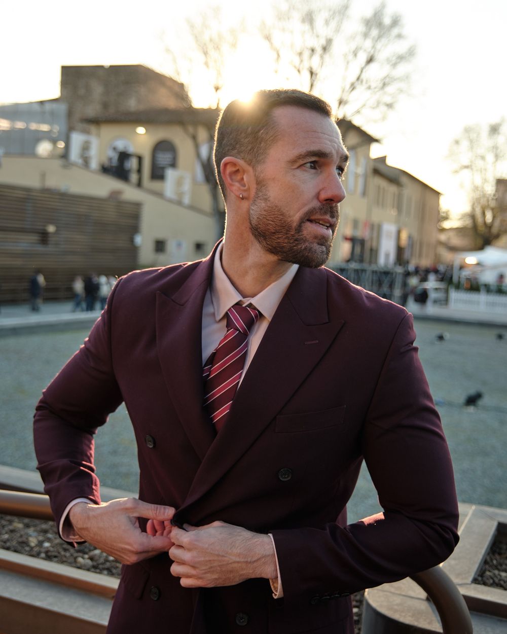 Camel Overcoat with Burgundy Double-Breasted Suit