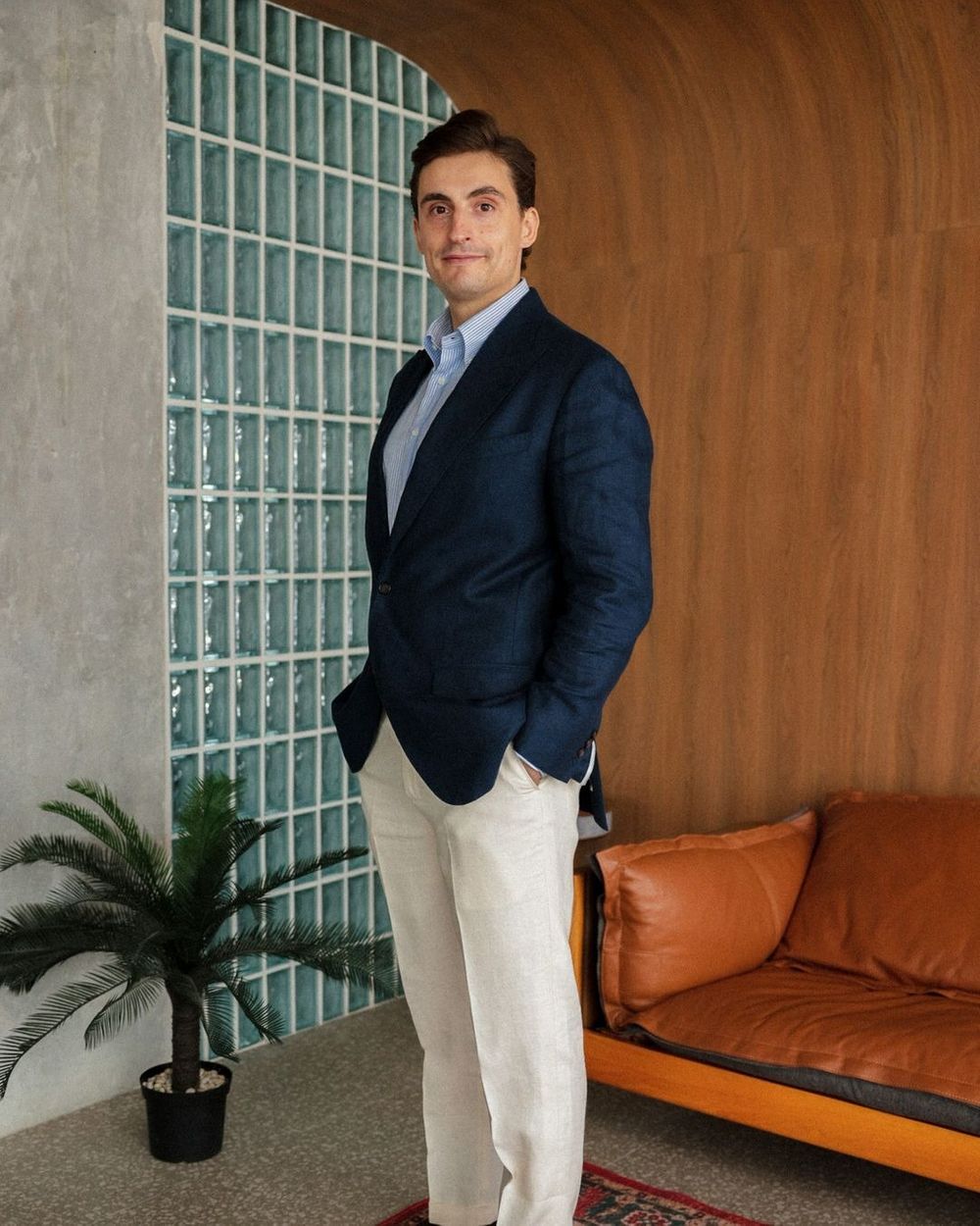 Navy Blazer with Light Beige Trousers