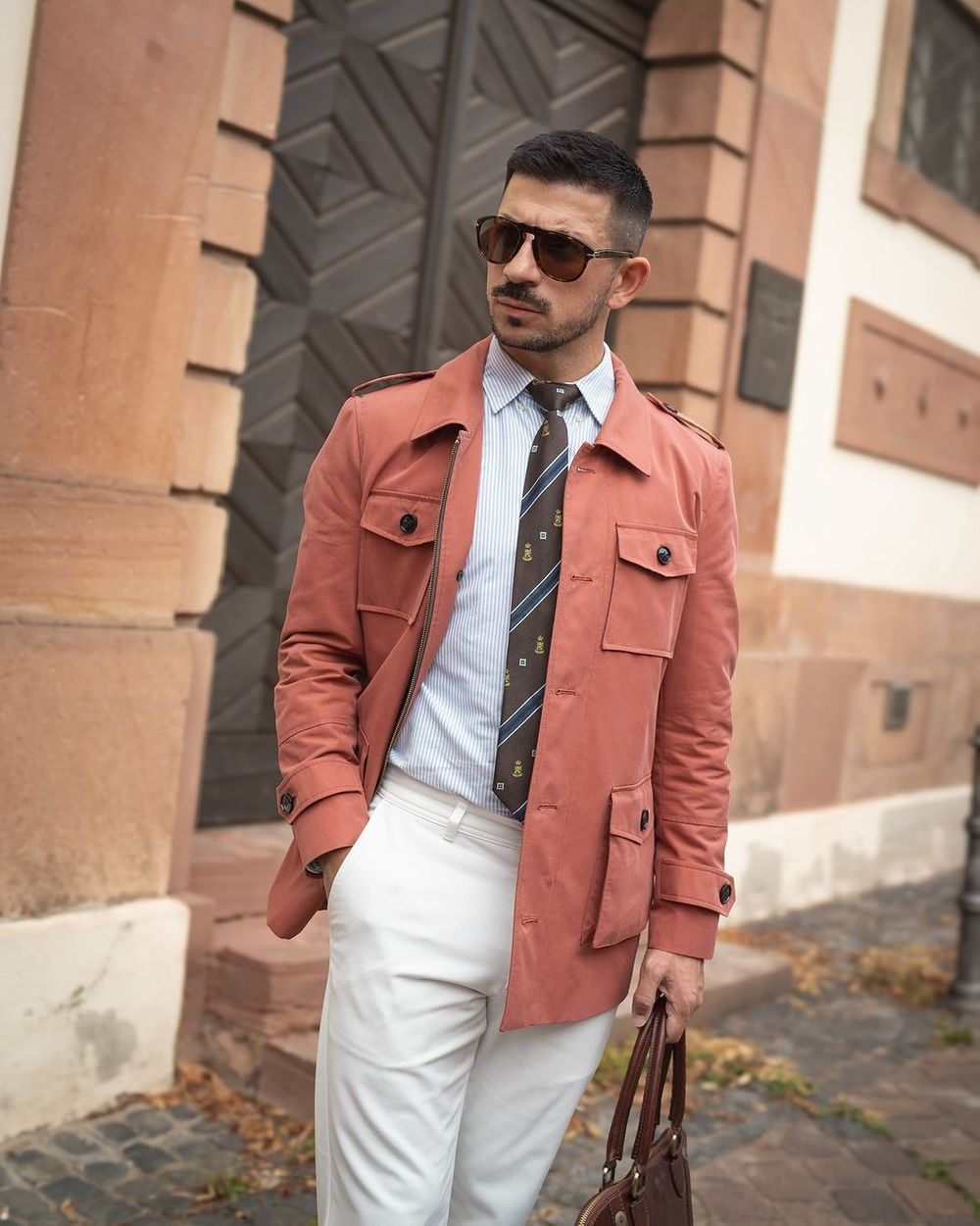 Terracotta Field Jacket with White Trousers and Striped Shirt