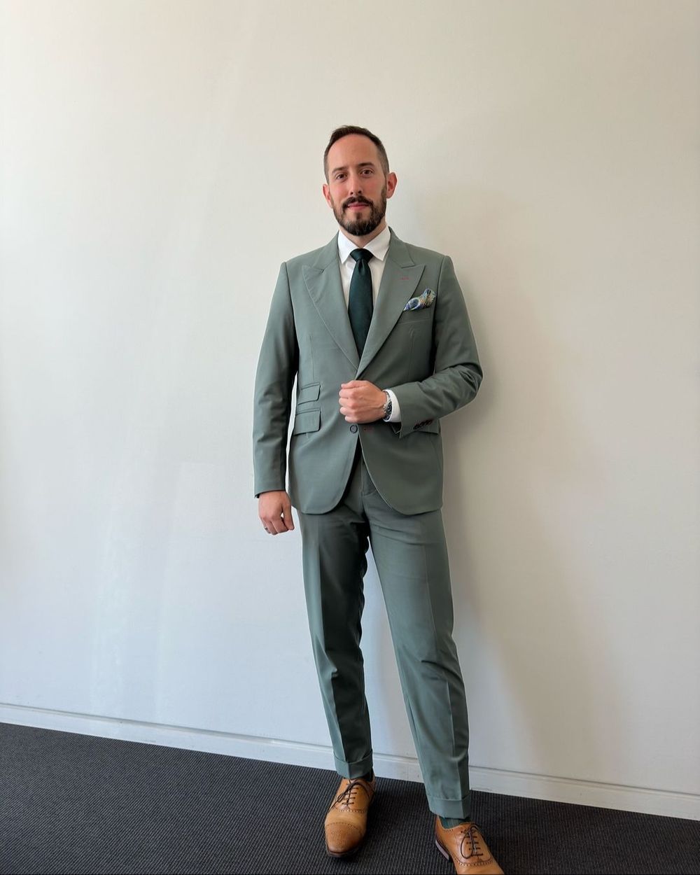 Sage Green Suit with White Shirt and Dark Green Tie