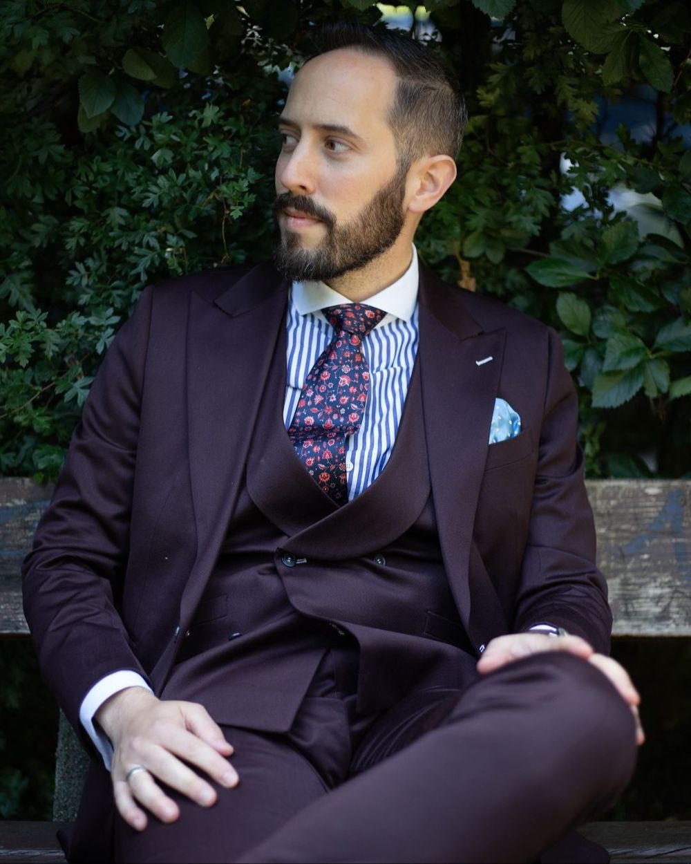 Burgundy Three-Piece Suit with Striped Shirt and Floral Tie