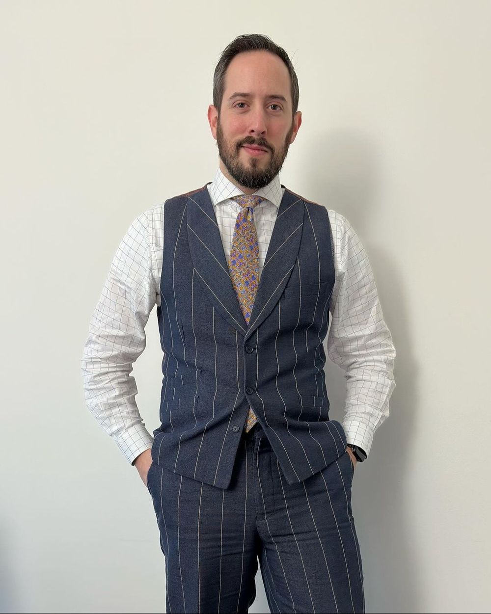 Navy Pinstriped Vest and Trousers with Checked Shirt