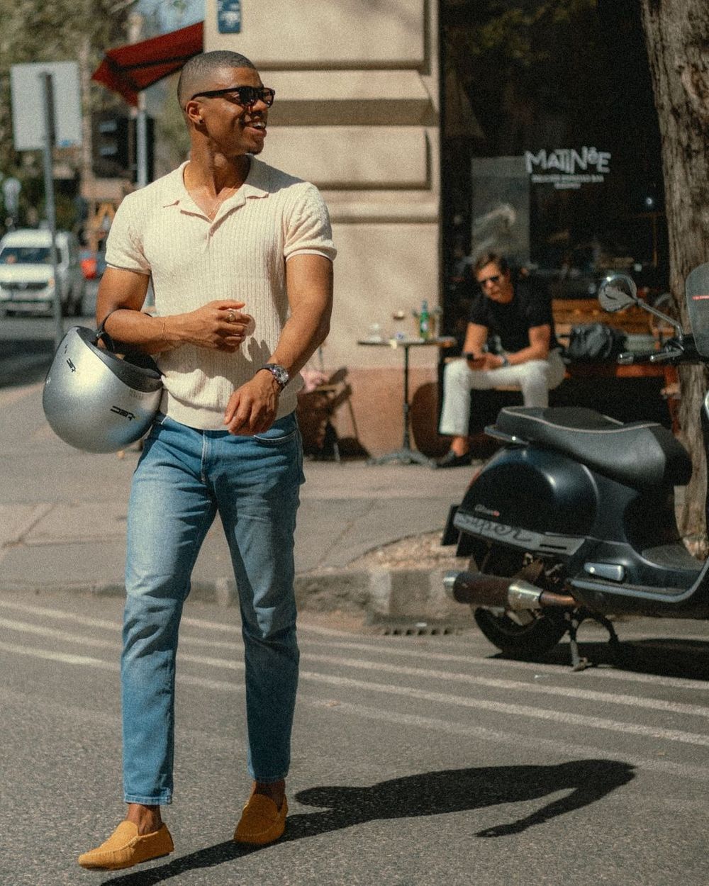 Beige Ribbed Polo with Light-Wash Denim