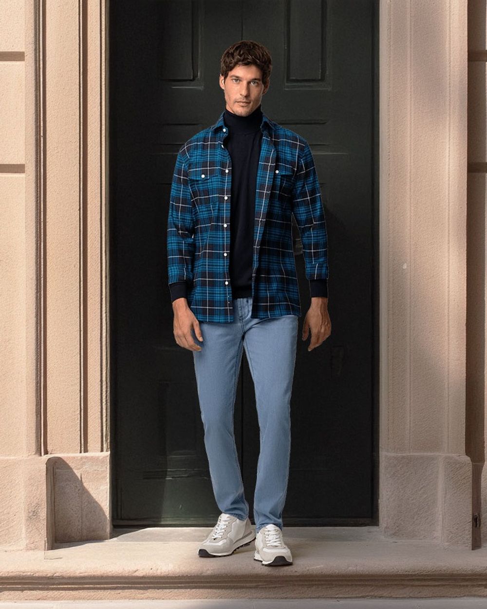 Blue Plaid Flannel Shirt with Black Turtleneck