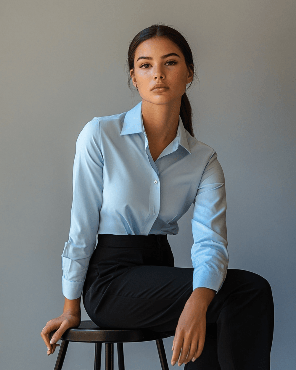 Sky Blue Dress Shirt With Black Tailored Trousers