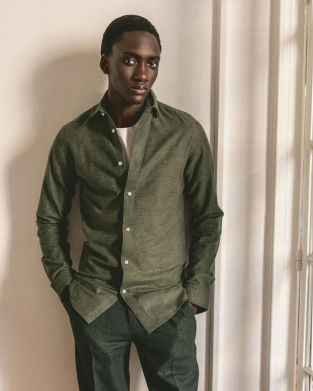 Olive Green Button-Up Shirt with Wool Trousers
