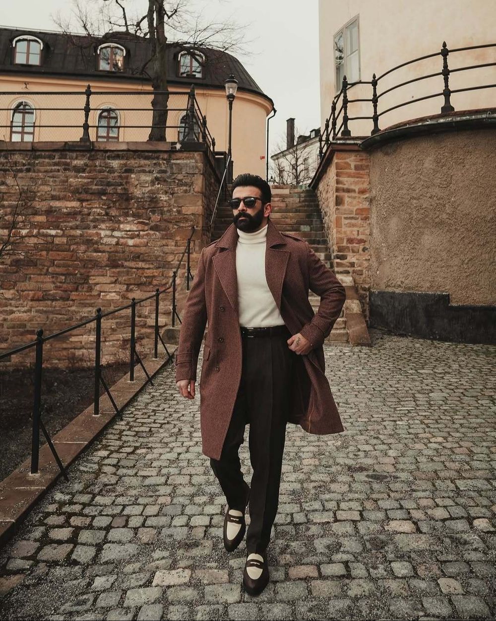 Brown Wool Overcoat with Cream Turtleneck