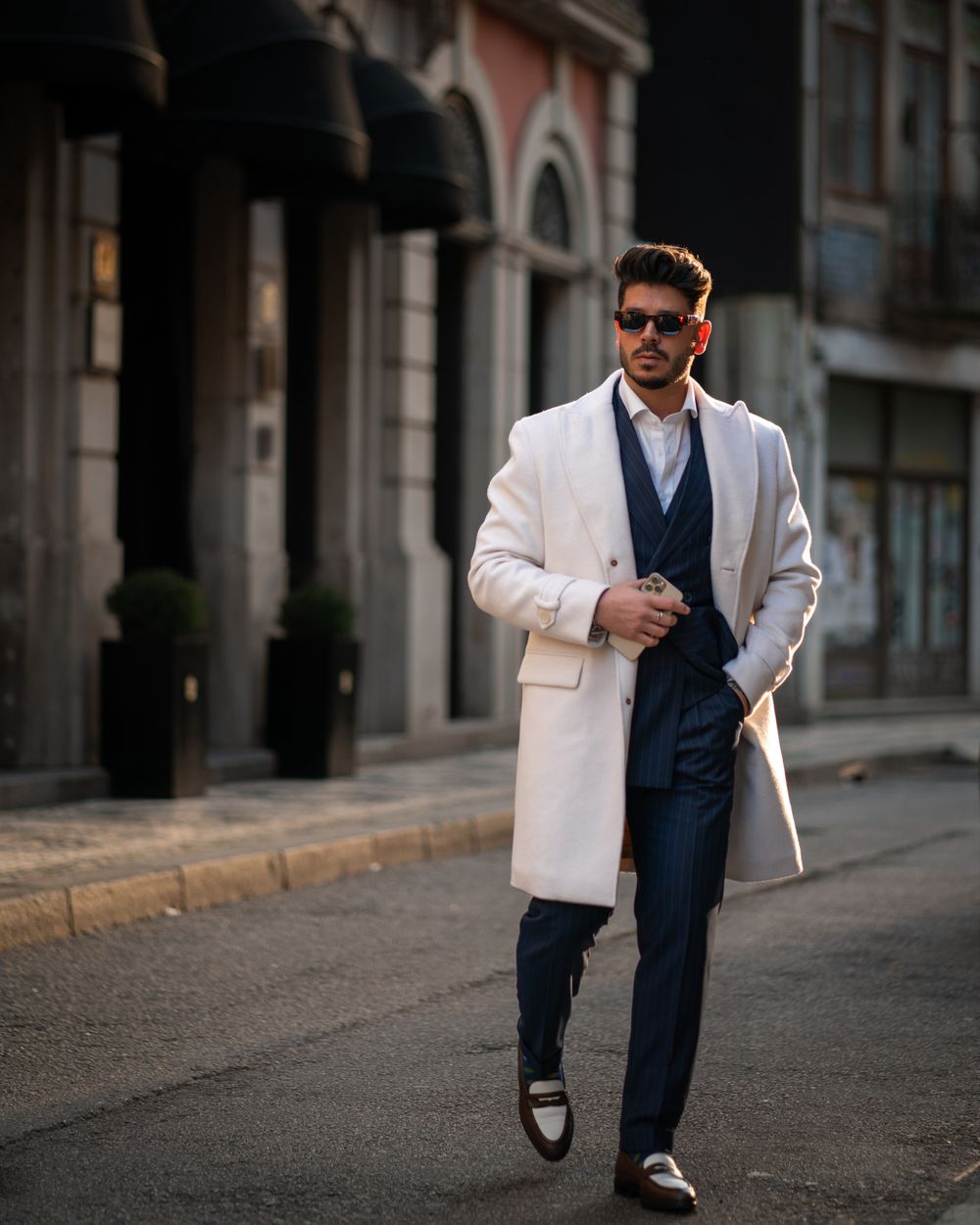 White Overcoat with Navy Pinstripe Suit
