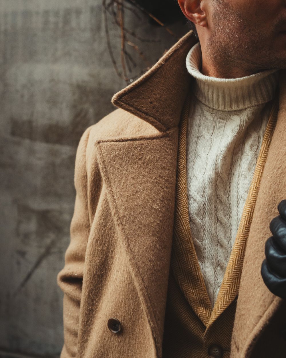 Camel Wool Overcoat with Herringbone Suit and Turtleneck