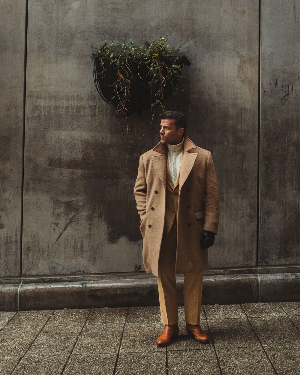 Camel Wool Overcoat with Herringbone Suit and Turtleneck