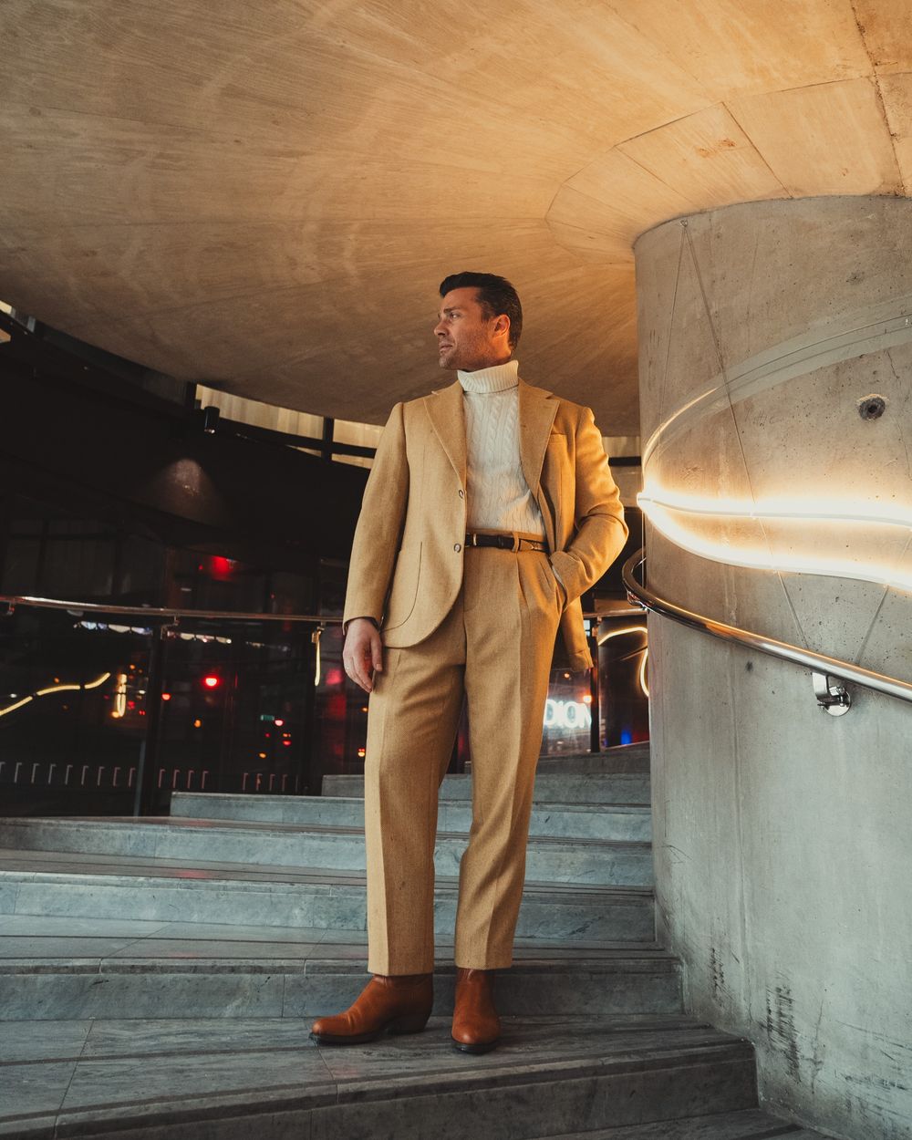 Camel Wool Overcoat with Herringbone Suit and Turtleneck
