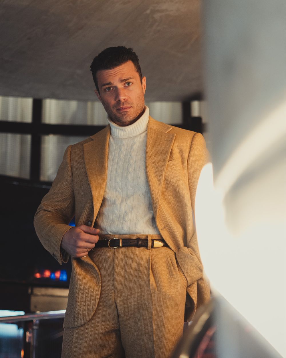 Camel Wool Overcoat with Herringbone Suit and Turtleneck