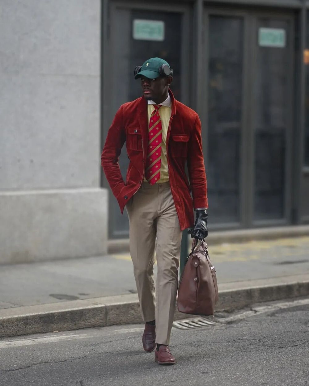 Red Velvet Jacket with Beige Trousers