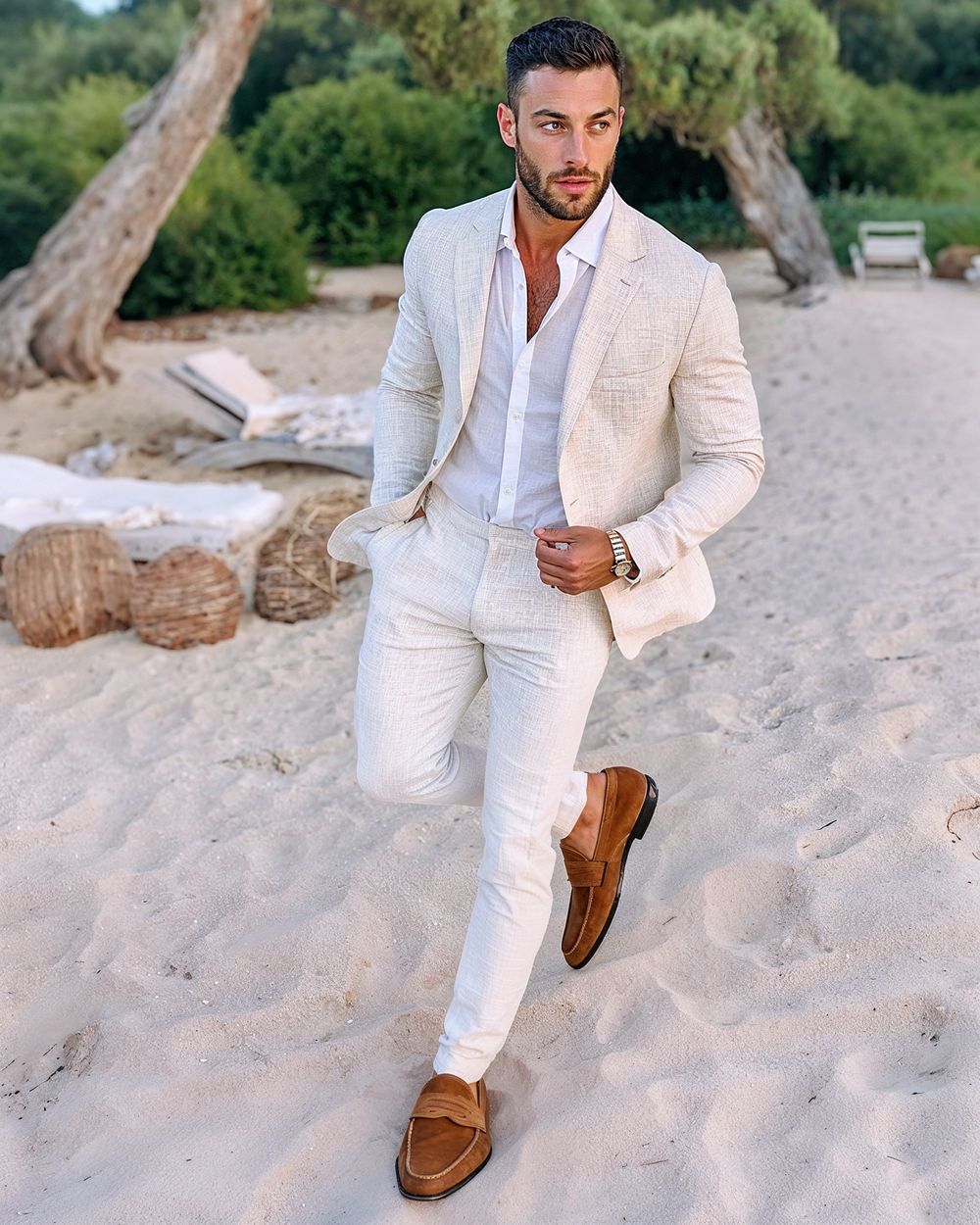 Ivory Linen Suit with White Button-Up Shirt