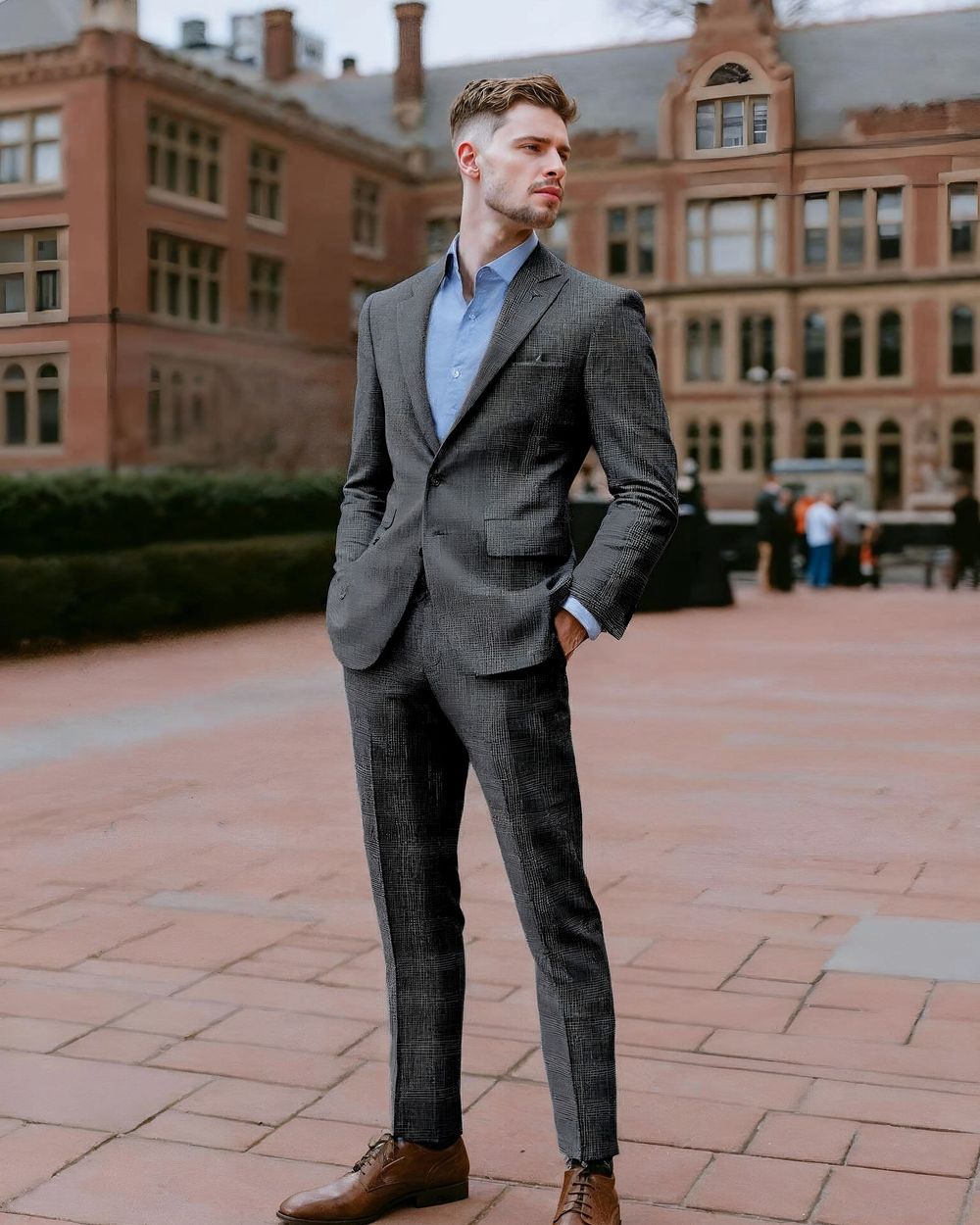 Charcoal Check Suit with Light Blue Button-Up Shirt