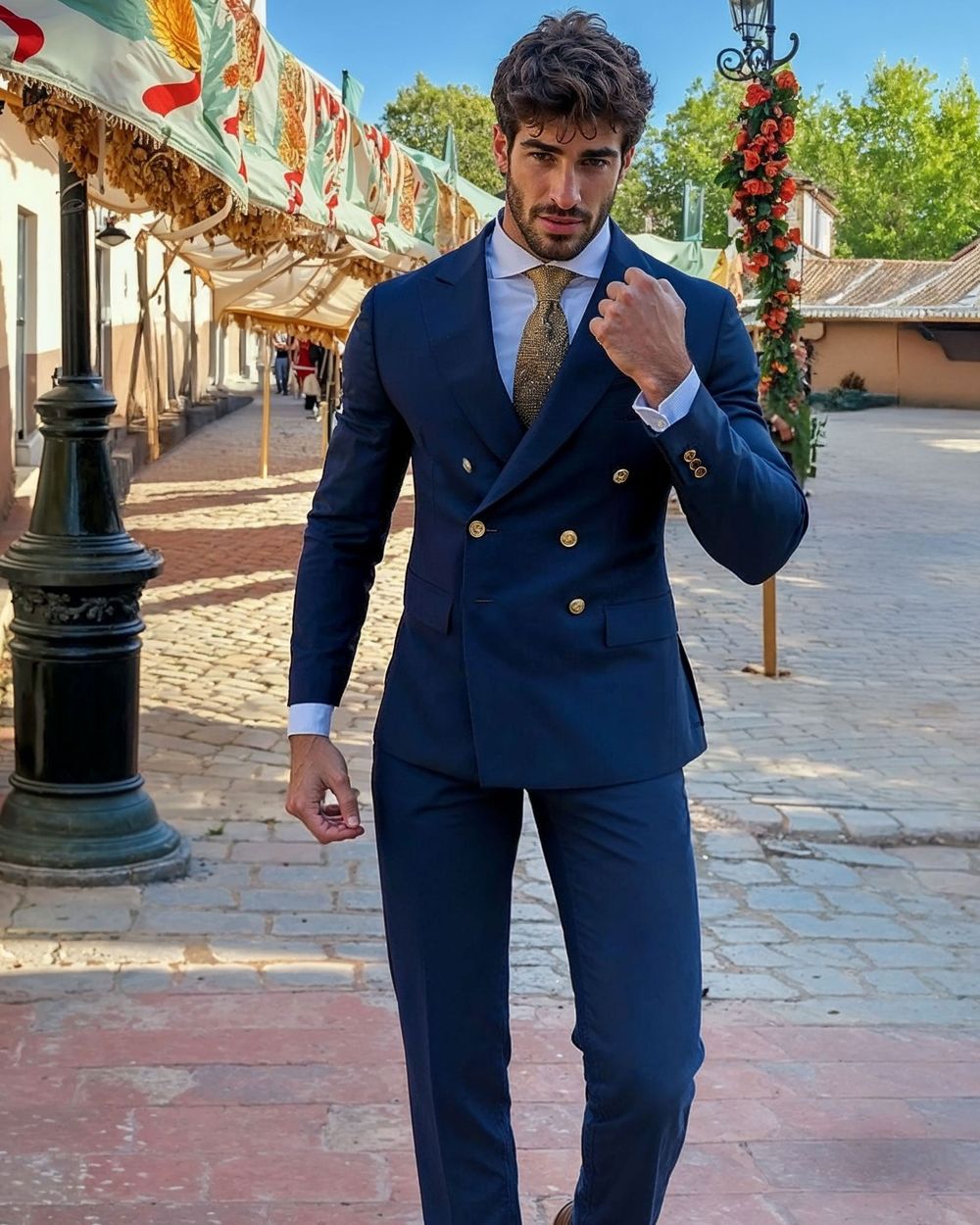 Navy Double-Breasted Suit with White Shirt and Gold Tie