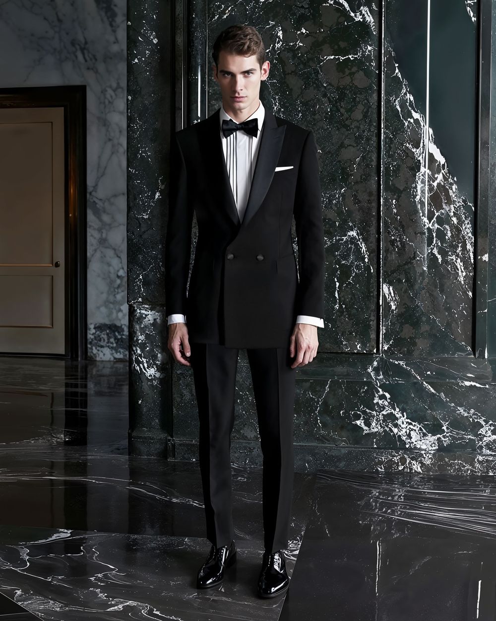 Classic black tuxedo with white dress shirt	
