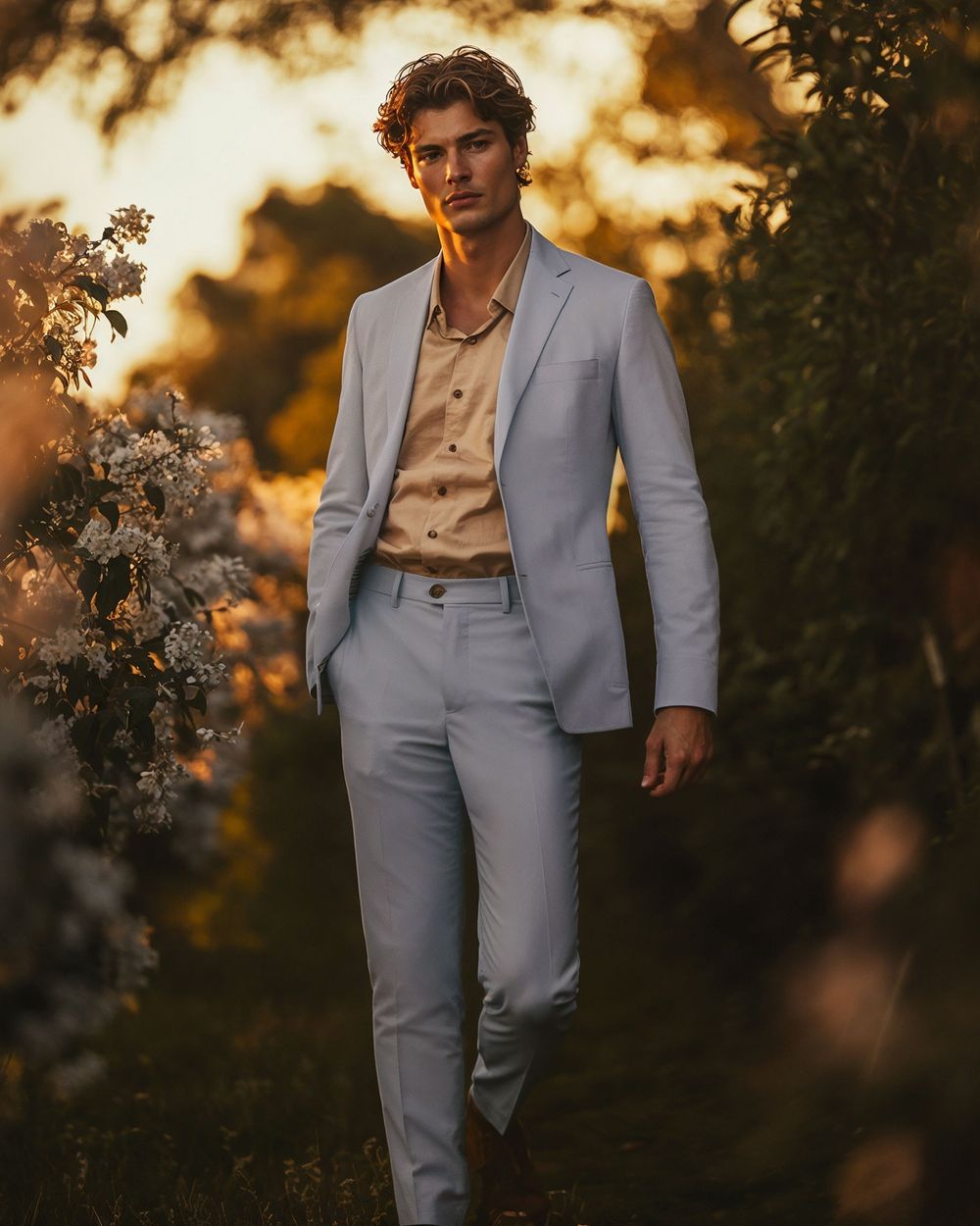 Light Blue Suit with Beige Button-Up Shirt