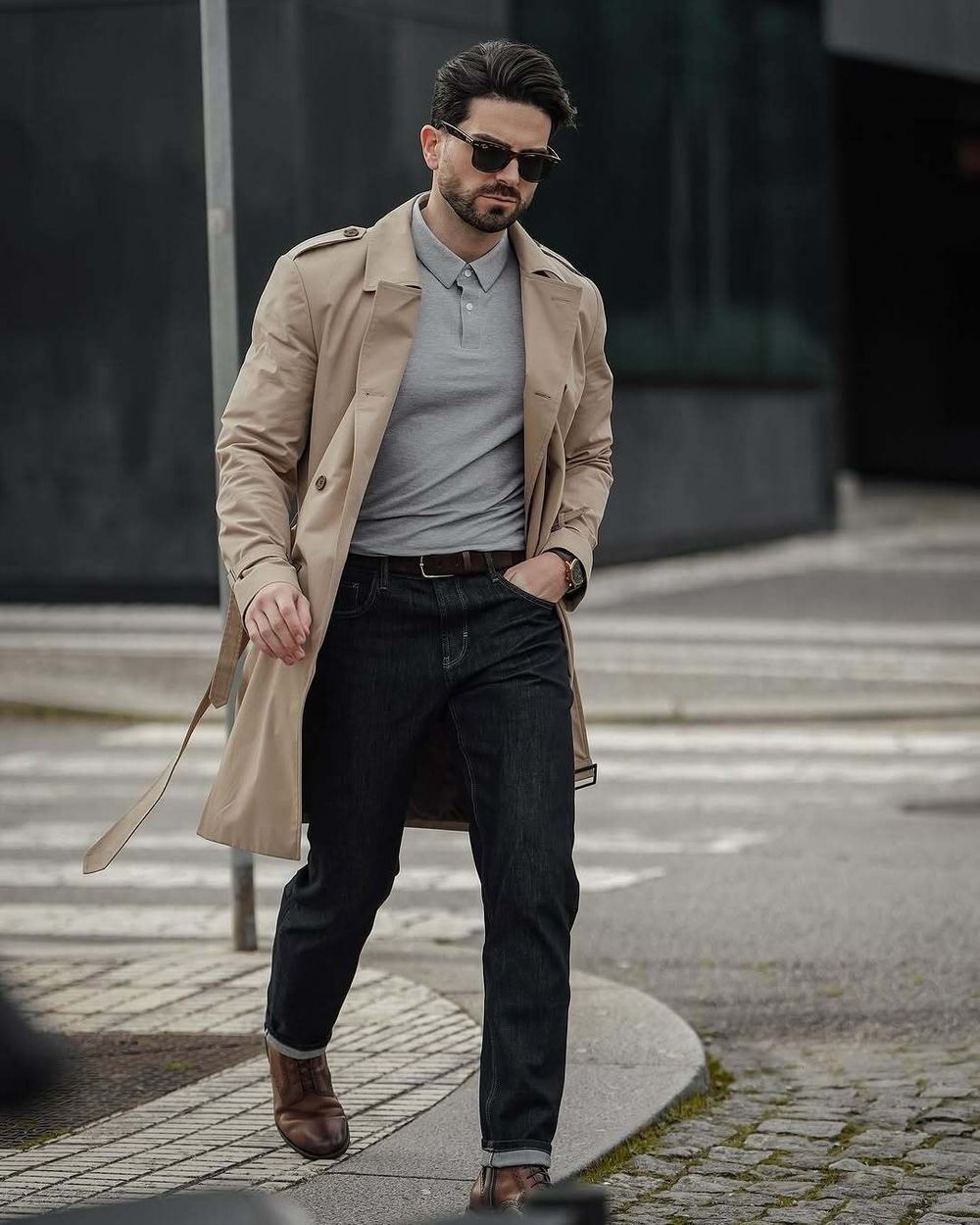 Beige Trench Coat with Grey Polo and Black Jeans