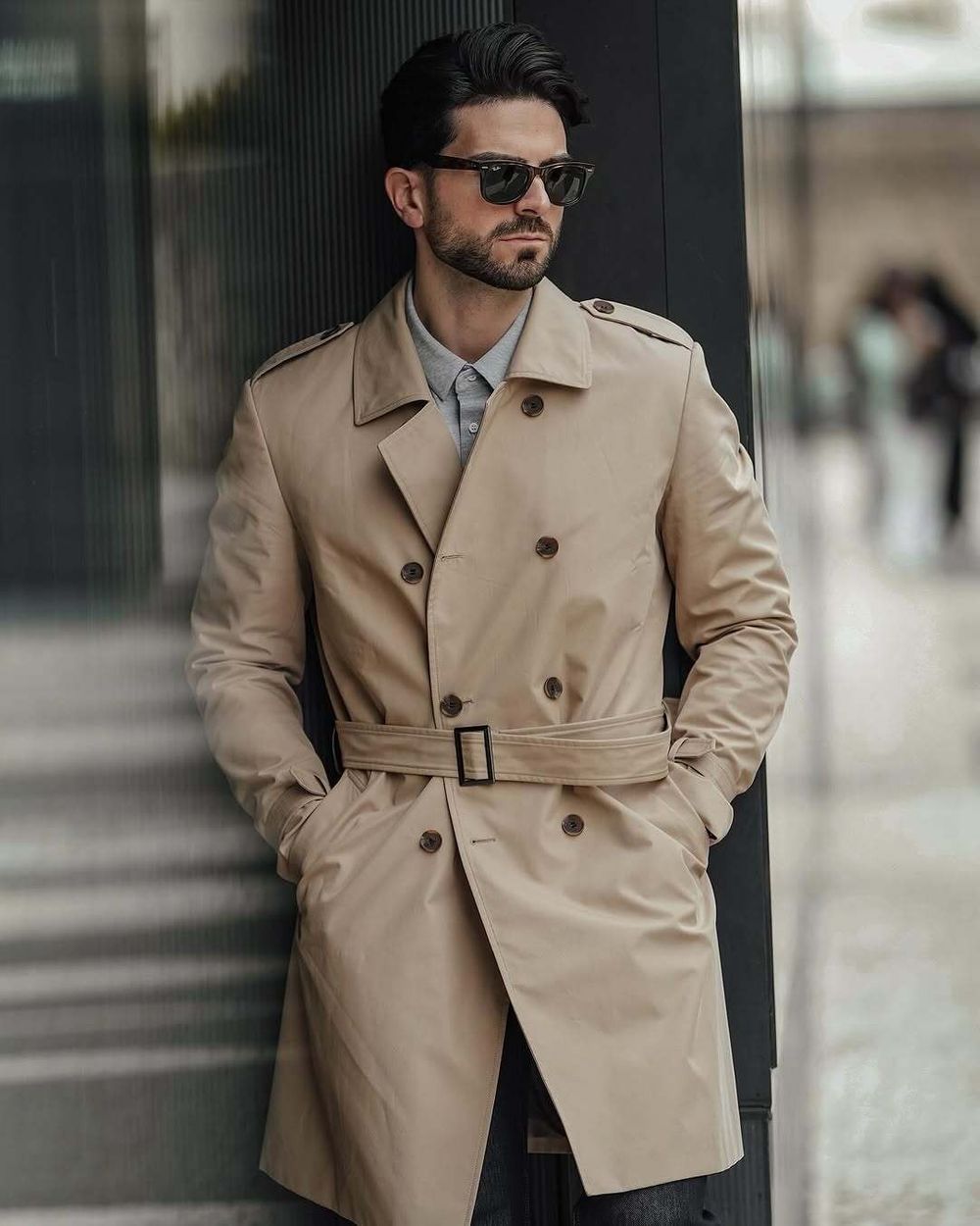 Beige Trench Coat with Grey Polo and Black Jeans