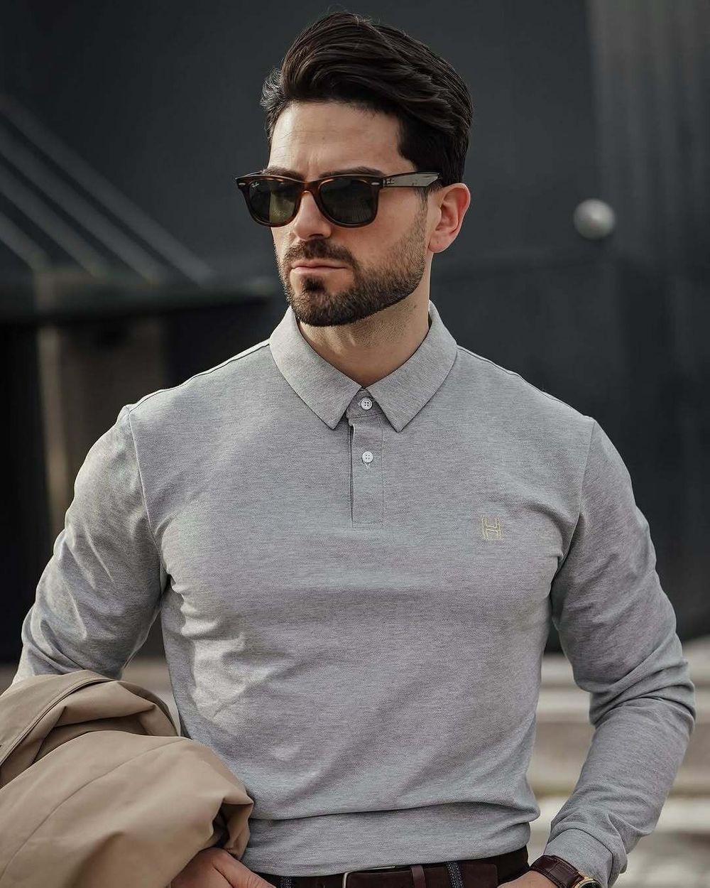 Beige Trench Coat with Grey Polo and Black Jeans