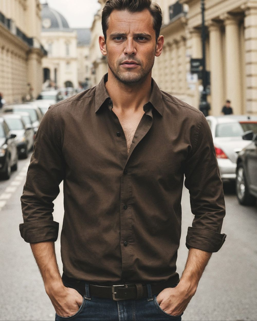 Chocolate Brown Shirt with Dark Jeans