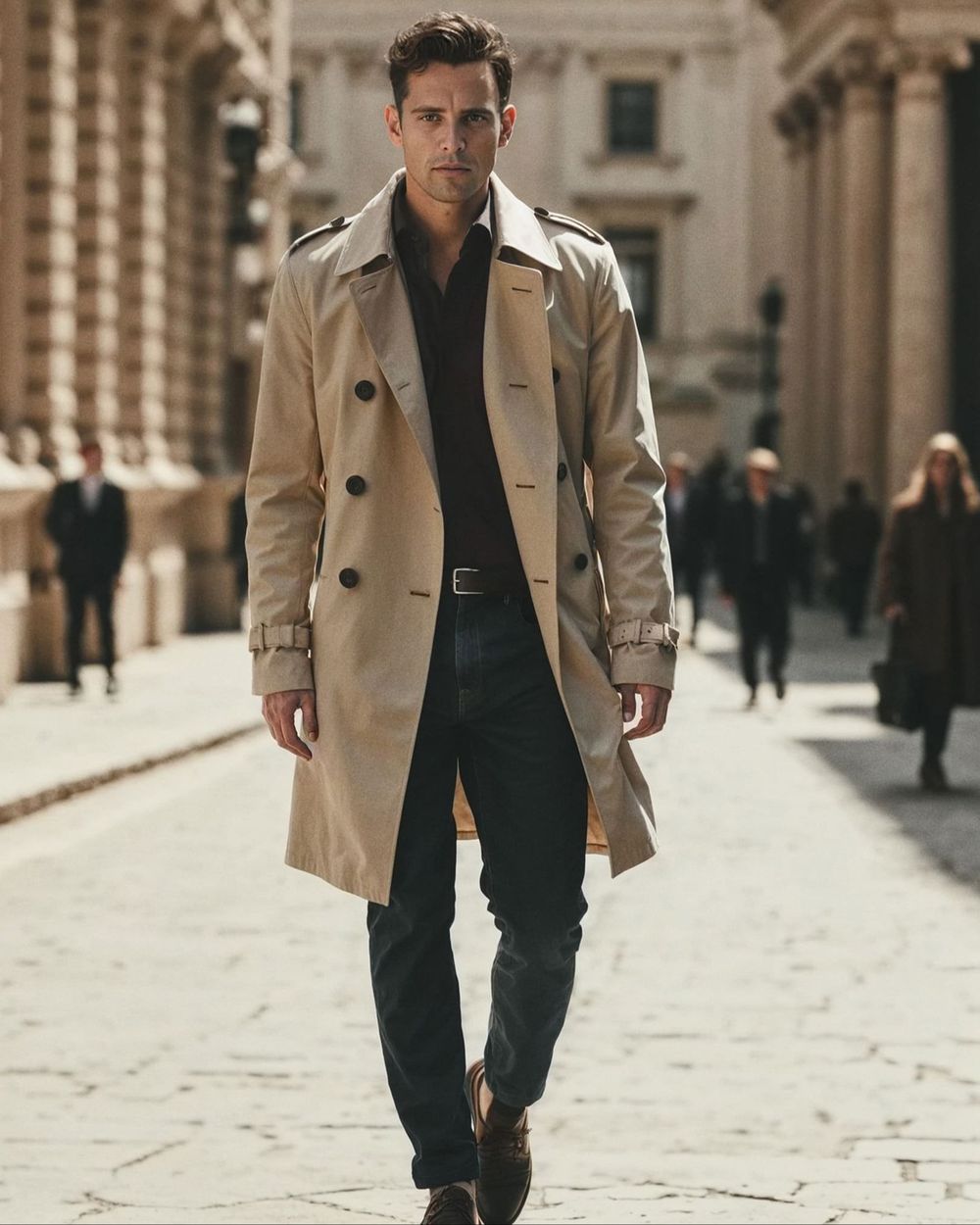 Beige Trench Coat with Dark Shirt and Denim