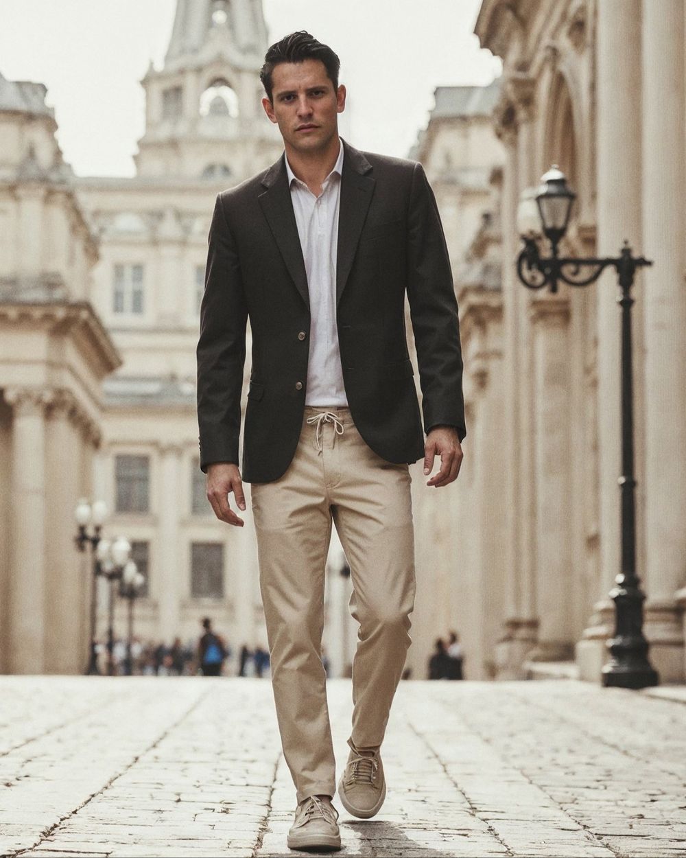 Black Blazer with Beige Drawstring Trousers