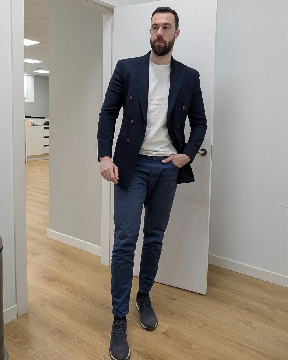 Navy Blazer overcheck with a blue chinos,  and sneakers
