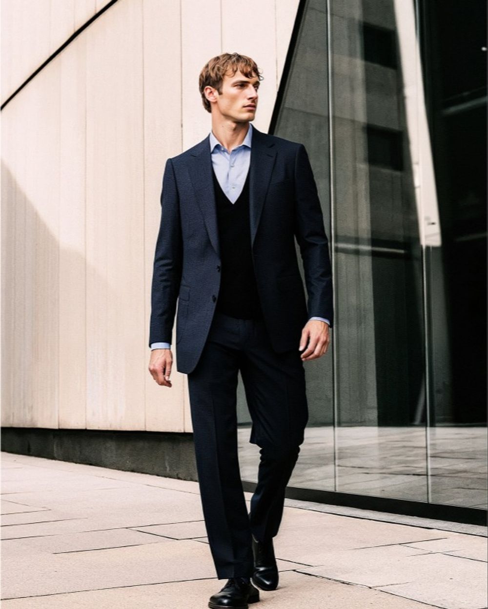 Navy Suit with Black Sweater Vest and Blue Shirt