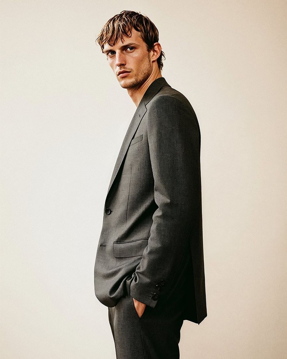 Charcoal Gray Suit with Open Collar