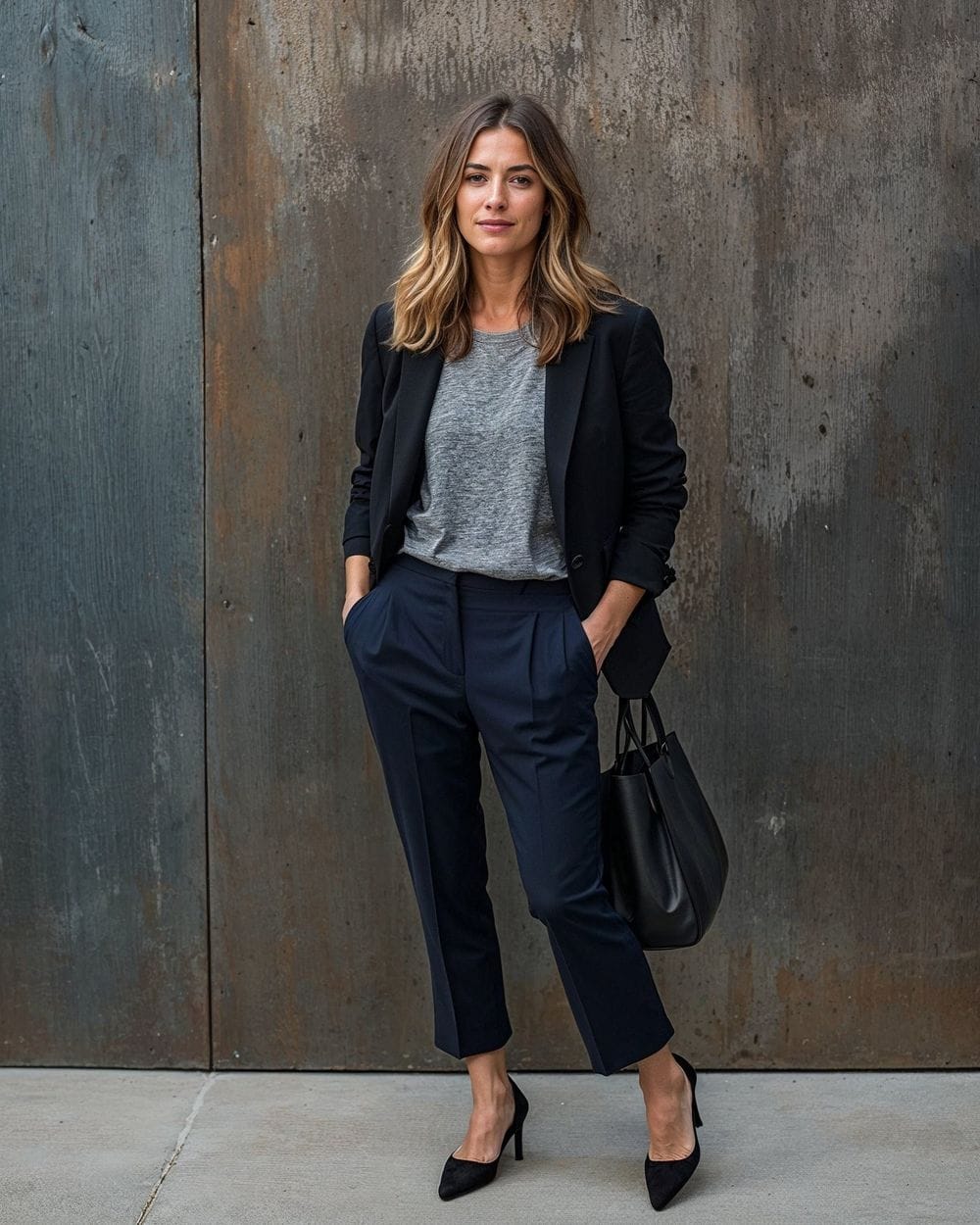 Black Blazer With Cropped Navy Trousers