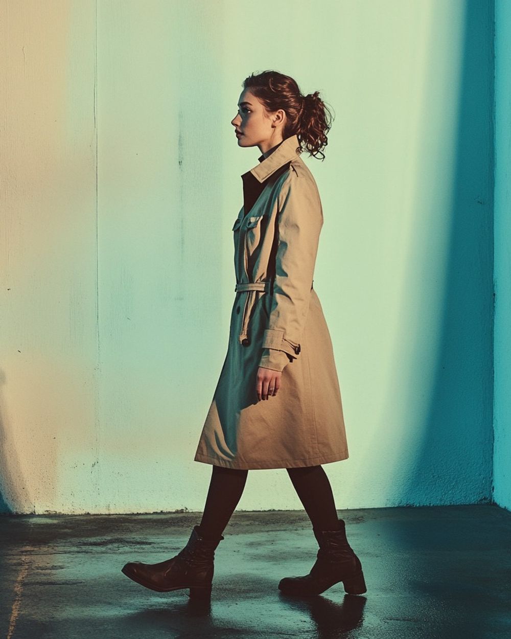 Tan Trench Coat with Black Tights and Ankle Boots | Sumissura, image size:1000x1250