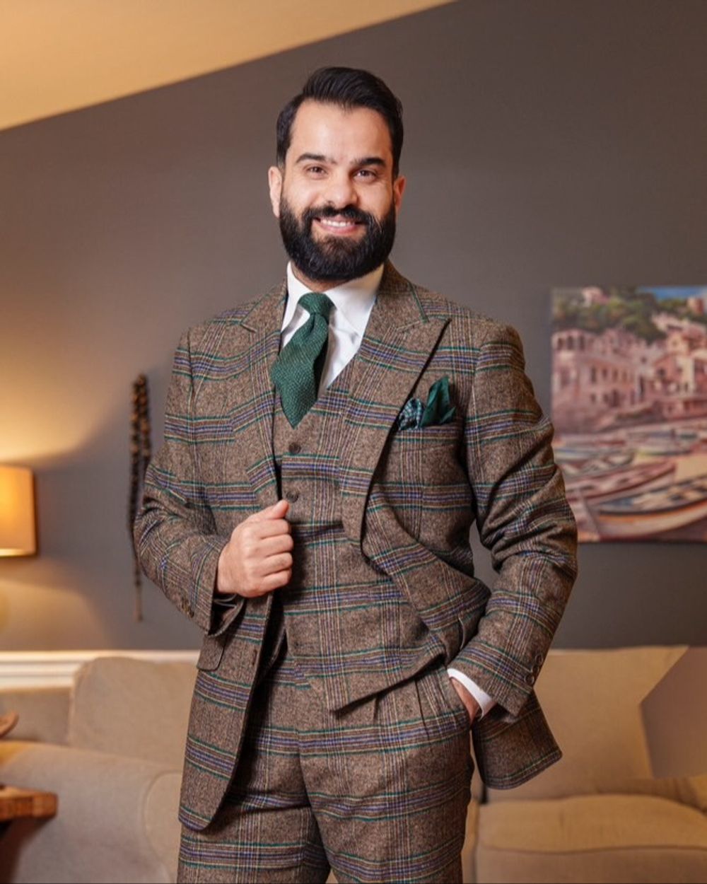 Brown Check Wool Suit with Green Tie and Pocket Square