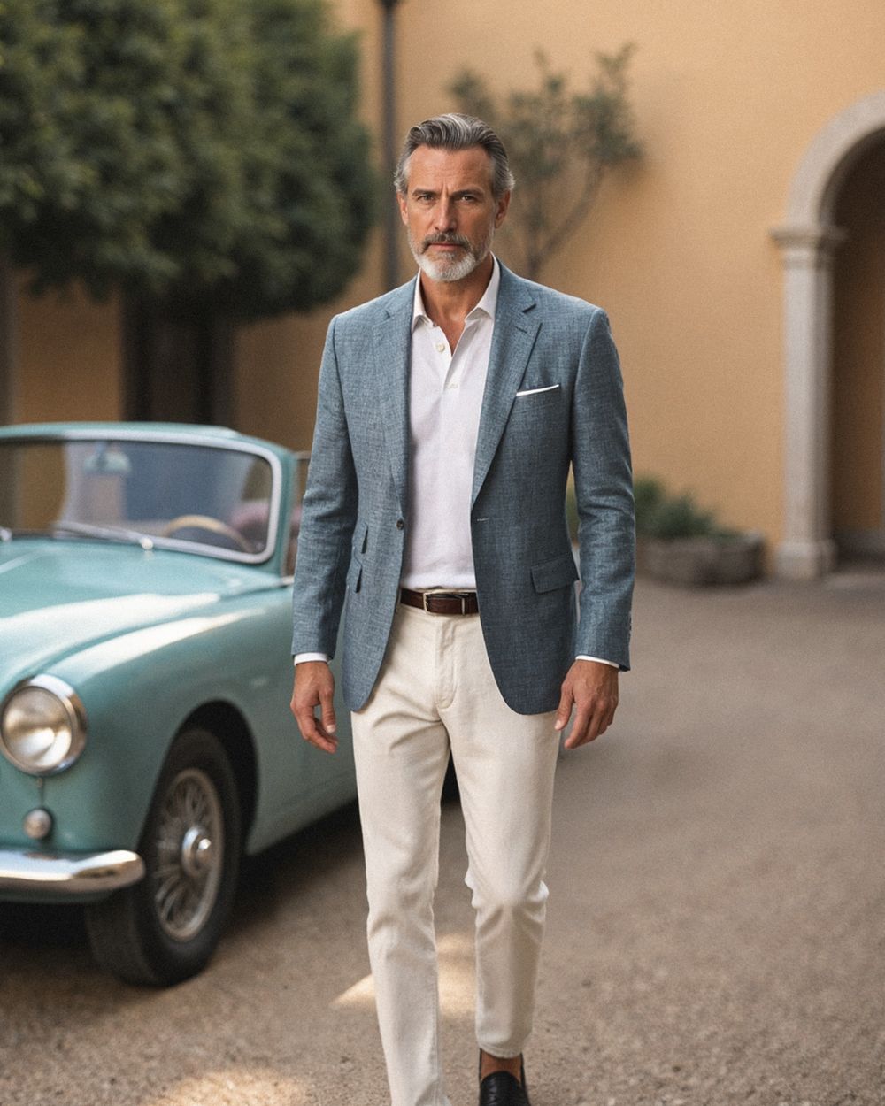 Steel Blue Blazer with White Shirt and Cream Trousers