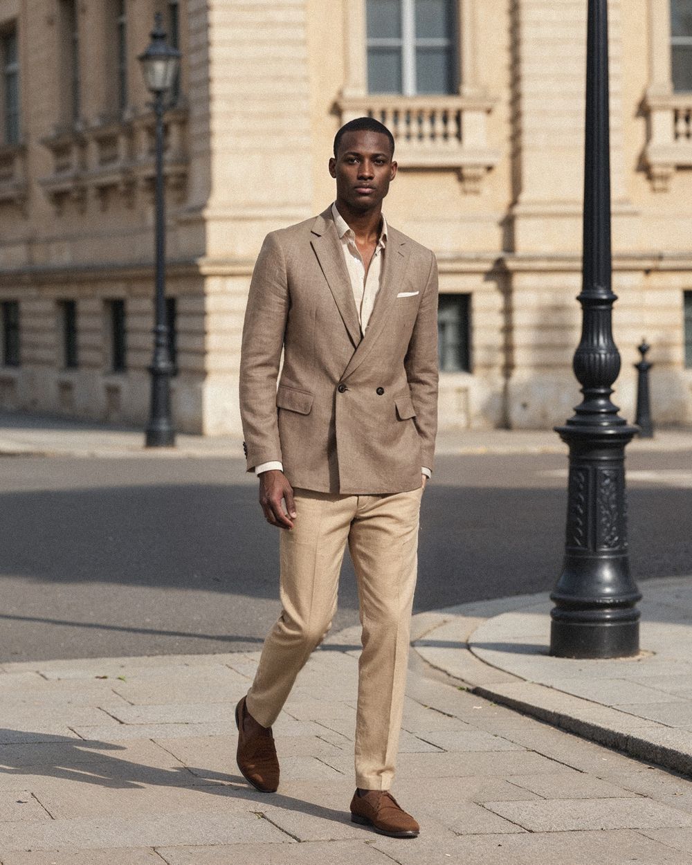 Camel Blazer with Beige Shirt and Trousers
