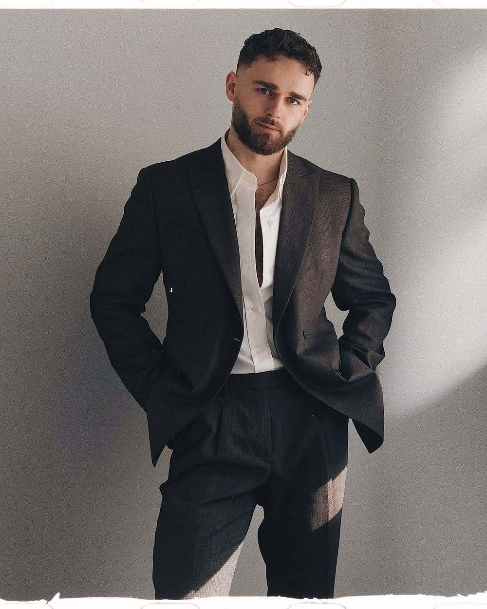 Dark Brown Suit with Open-Collar White Shirt