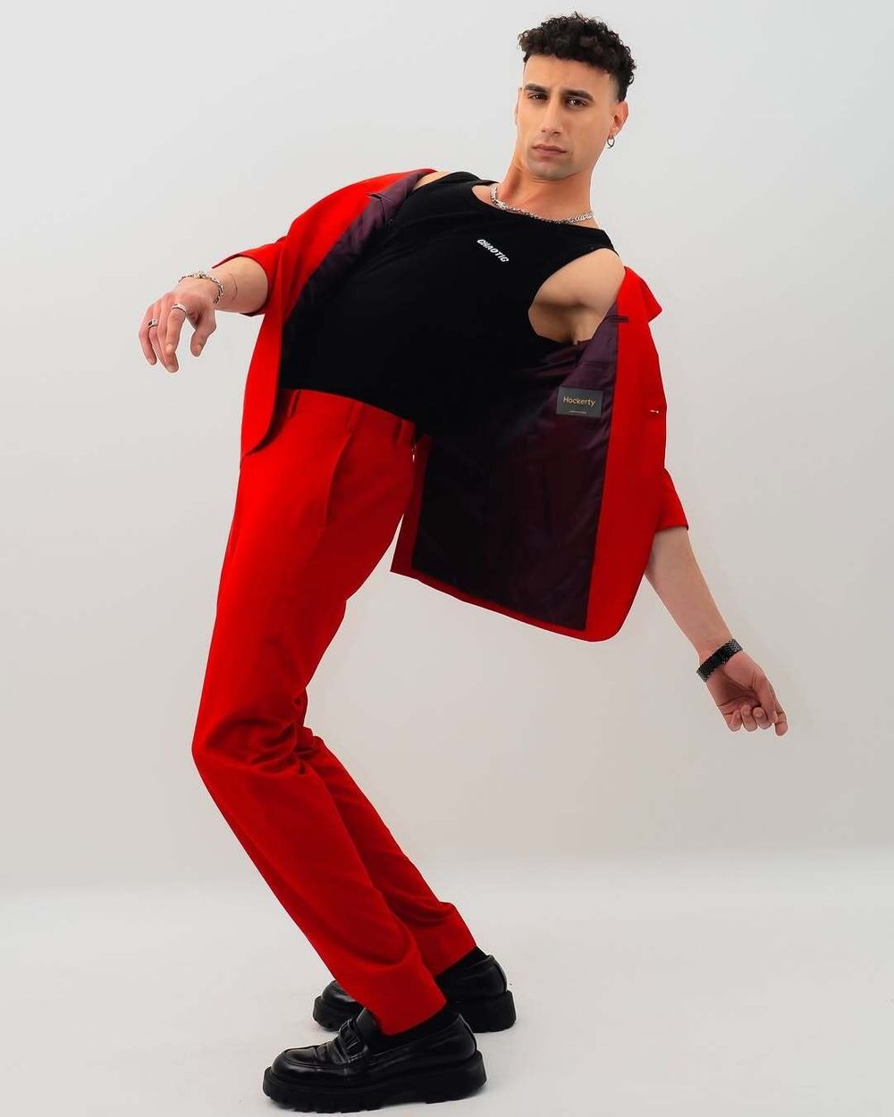 Red Power Suit with Black T-shirt	