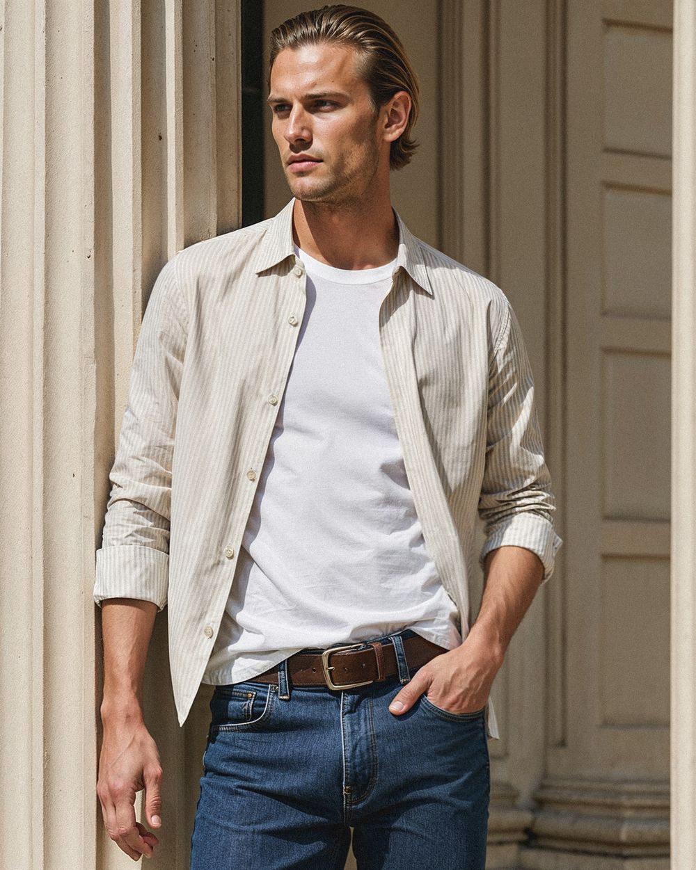 Beige Striped Overshirt with White T-shirt and Blue Jeans