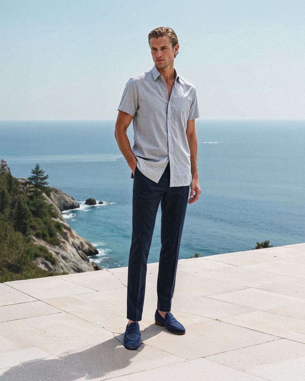 Light Gray Short Sleeve Shirt with Navy Trousers