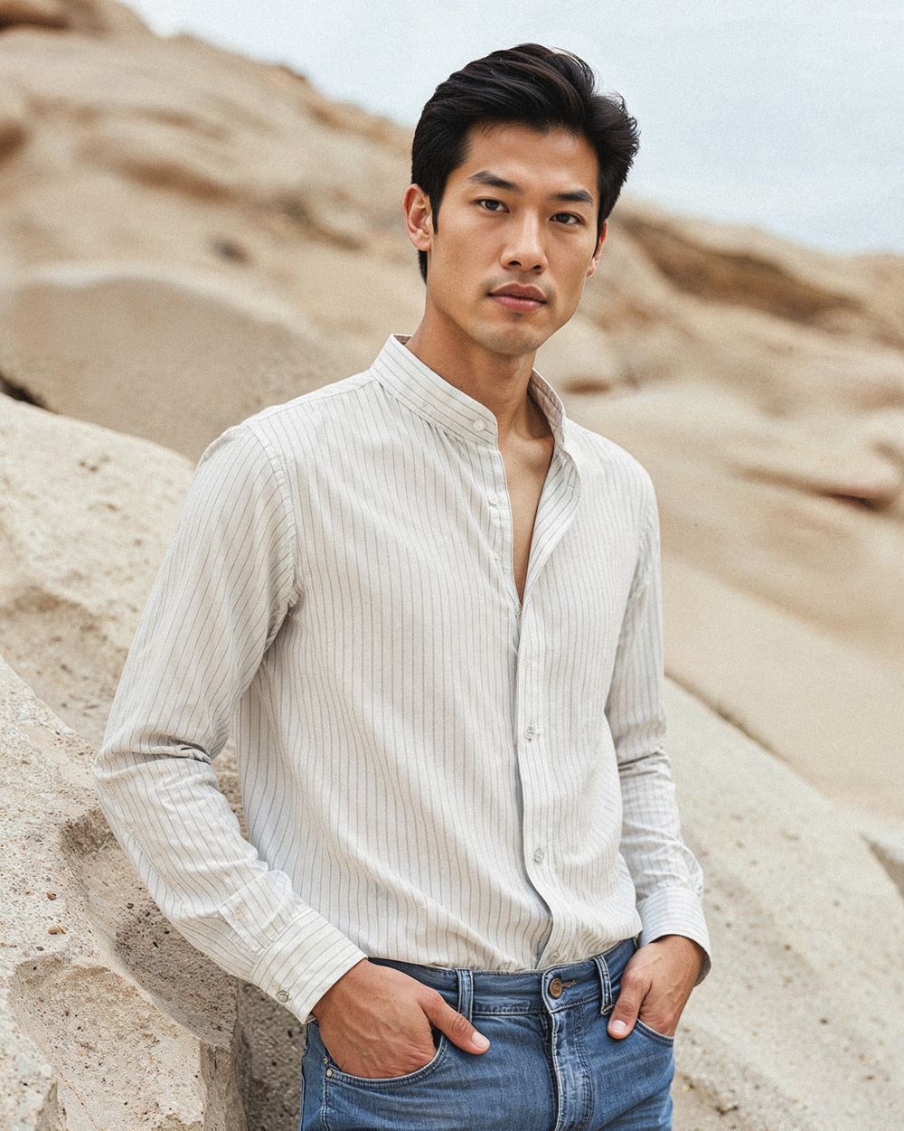 Beige Mandarin Collar Shirt with Blue Jeans