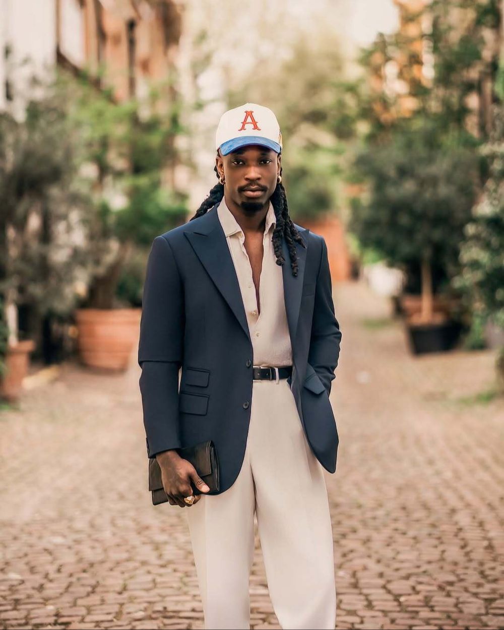 Navy Blazer with Beige Shirt and Off-White Trousers