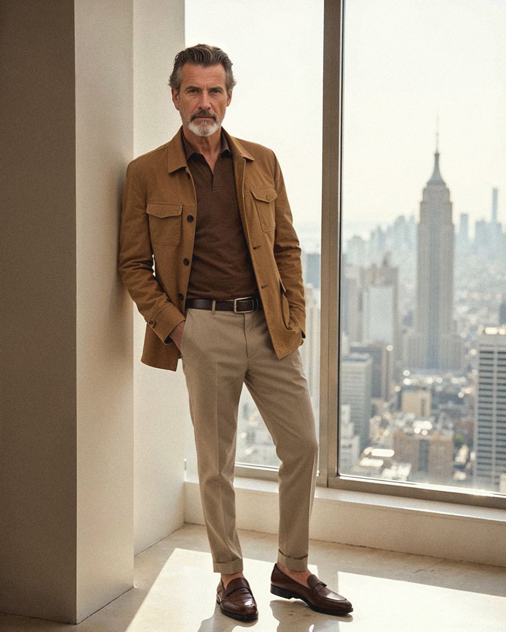 Tan Field Jacket with Chocolate Polo and Beige Chinos