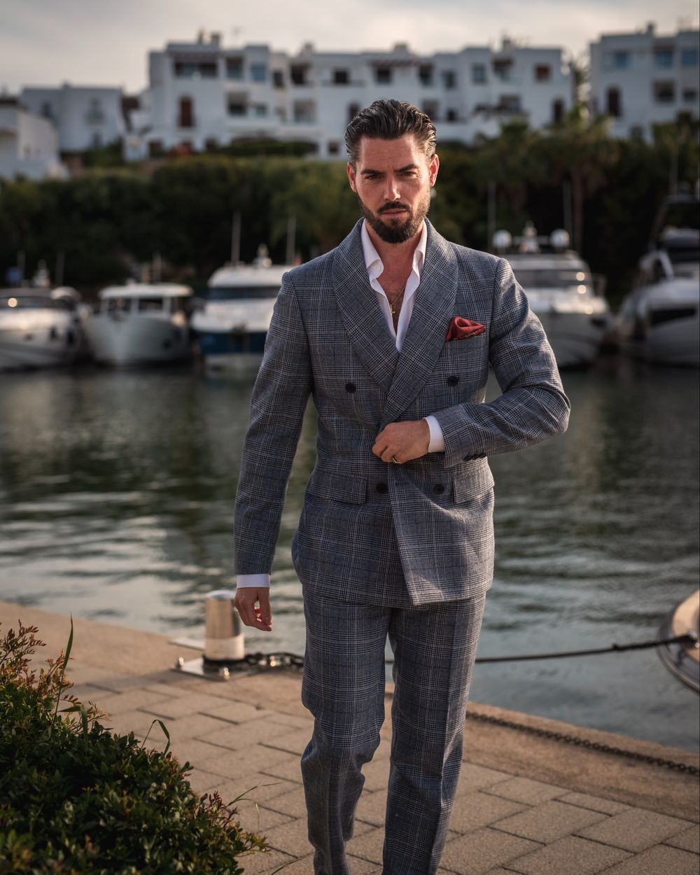 Gray Windowpane Double-Breasted Suit with White Shirt