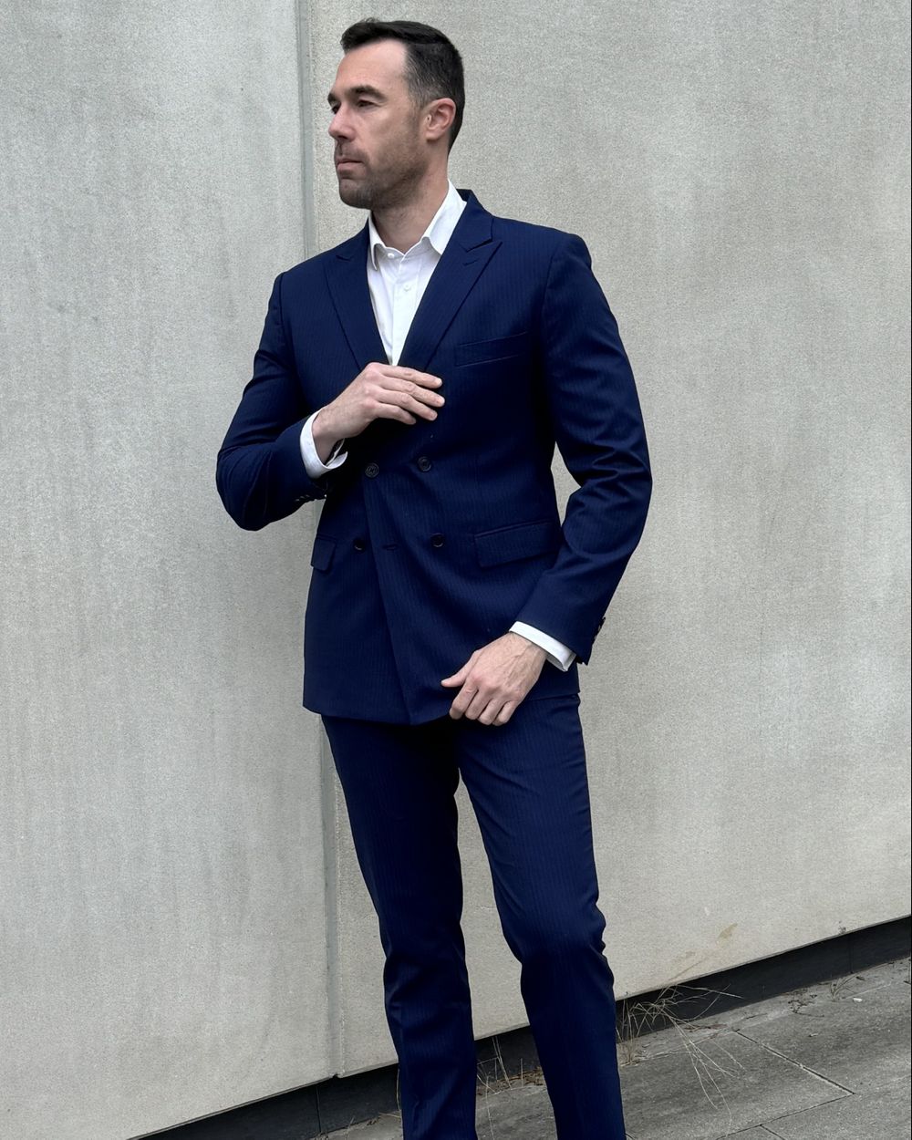 Navy Pinstripe double-breasted Suit with White Shirt and Black Shoes