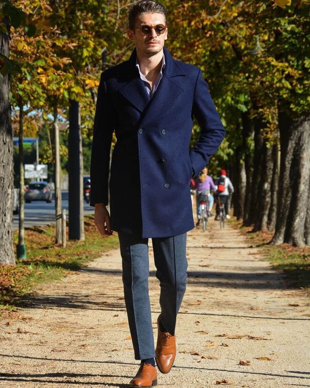 Navy Blue Peacoat with Brown Oxfords Hockerty