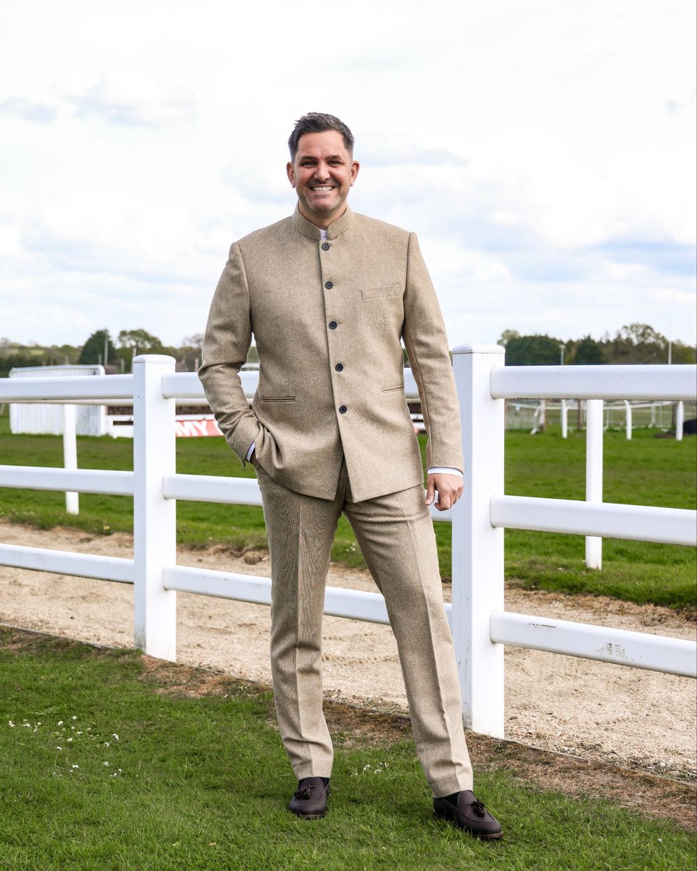 Tan Nehru Jacket Suit with Loafers