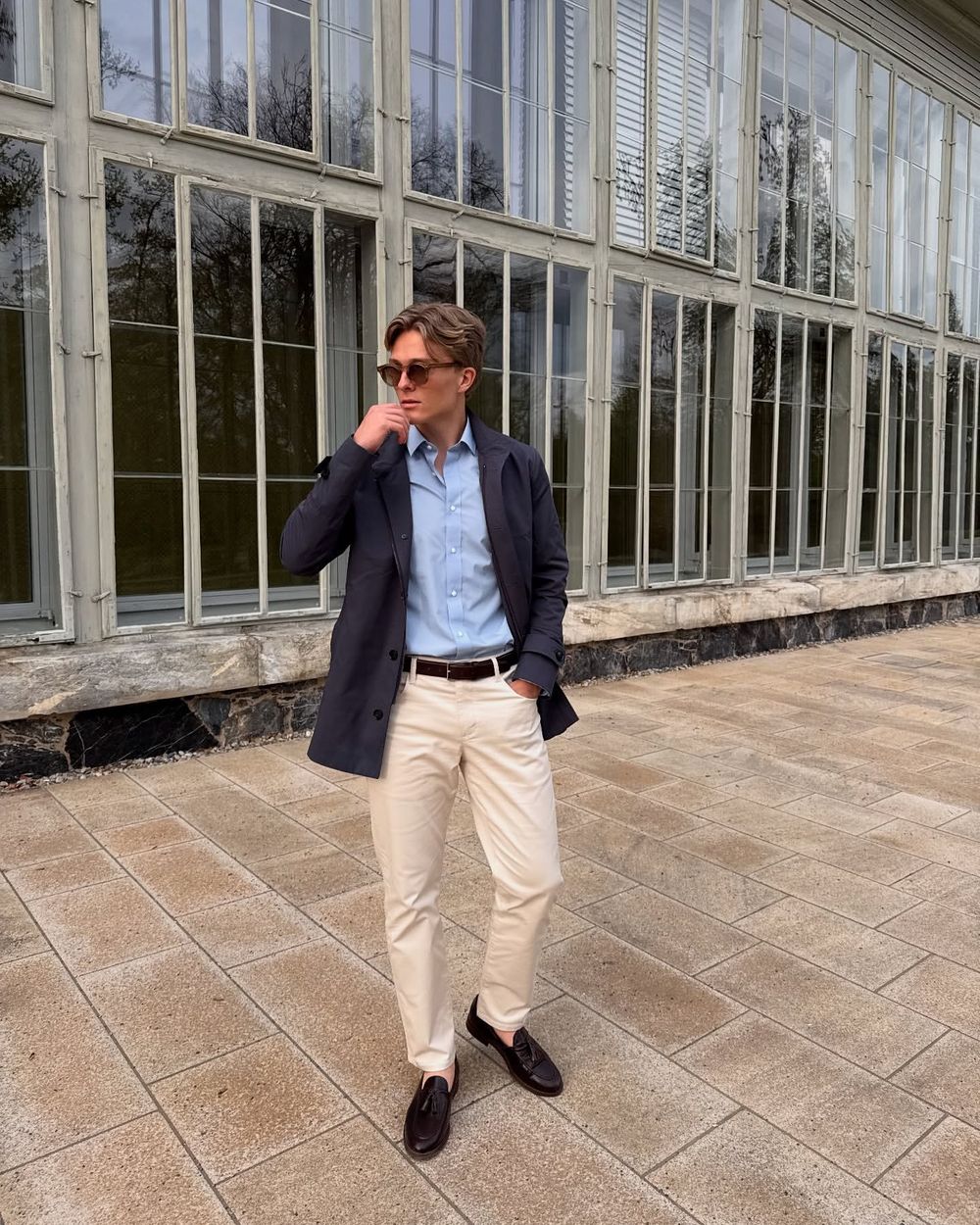 Navy Jacket with Pale Blue Shirt and Cream Chinos